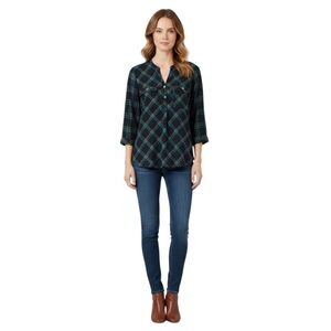 Ellen Tracy Navy Plaid Split Neck Blouse